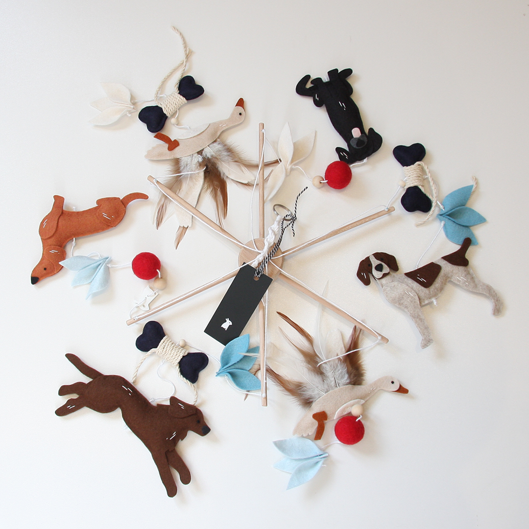 Fur babies and flying geese baby mobile